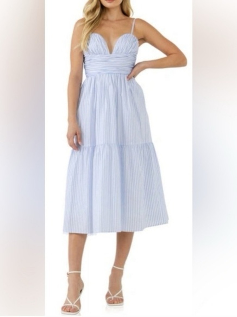 English Factory Light Blue Striped Midi Sundress with Sweetheart Neckline Medium